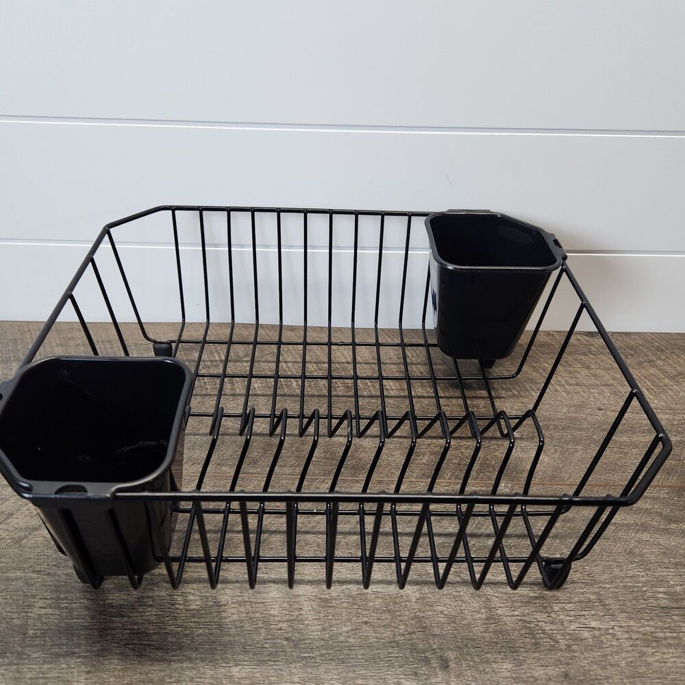 Vtg Rubbermaid Black Dish Drying Rack Drainer Coated Wire 2 Utensil Holders